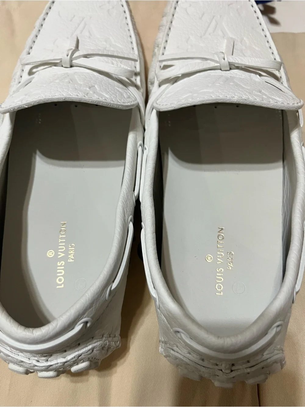 Louis Vuitton White Embossed Monogram Driving Loafers with Bow